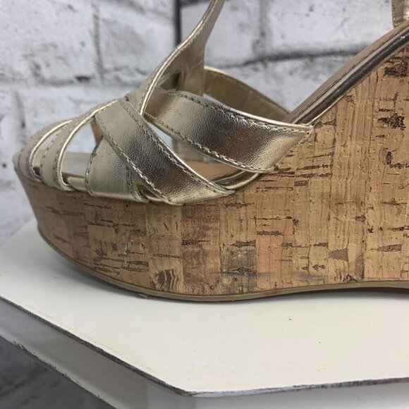 Brash Y2K Strappy Metallic Gold Cork Platform Wedge Open Toe Sandals - Picture 10 of 11